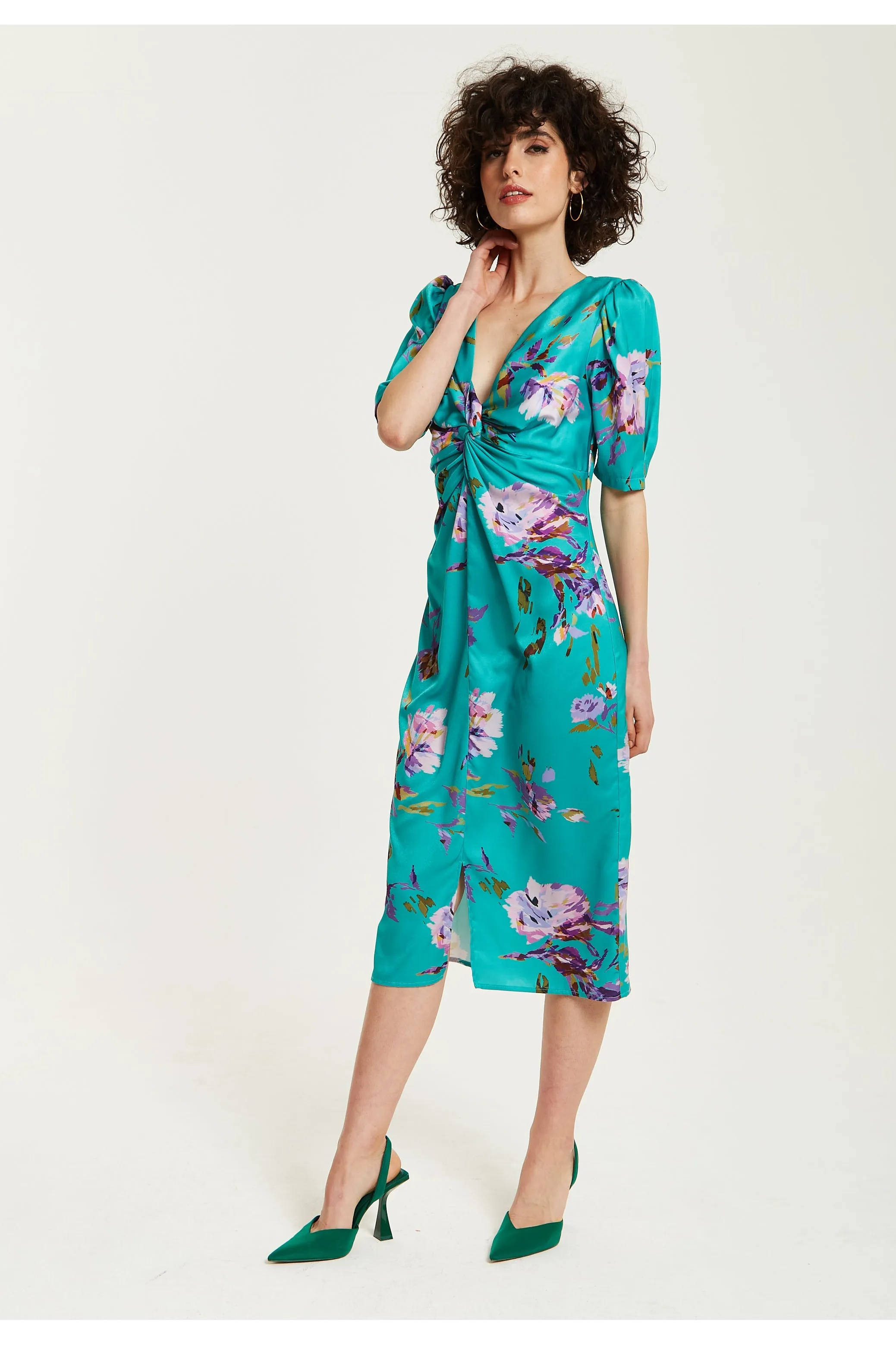 Green Floral Knot Front Midi Dress by Liquorish sold by Goddiva product image thumbnail 4