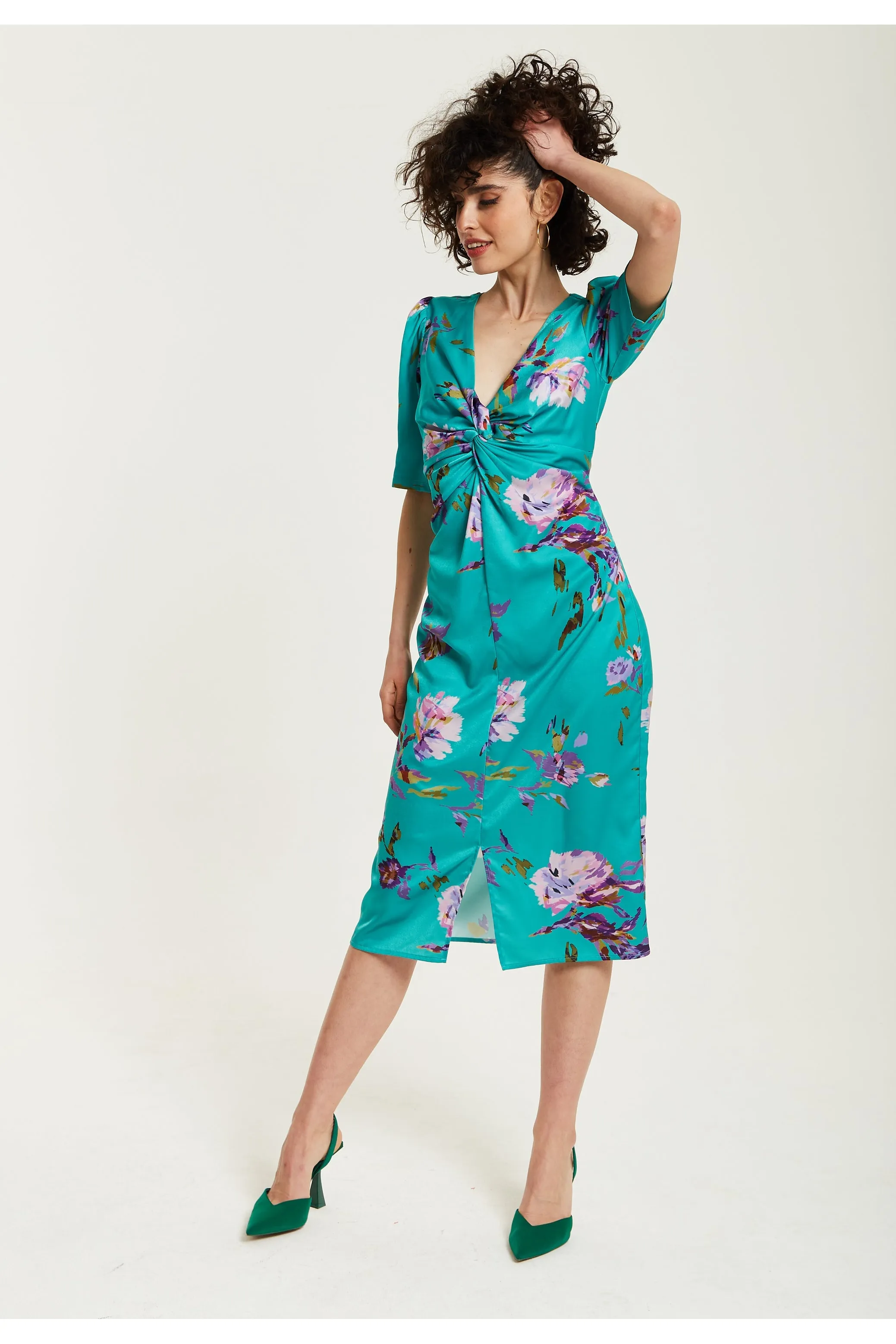 Green Floral Knot Front Midi Dress by Liquorish sold by Goddiva