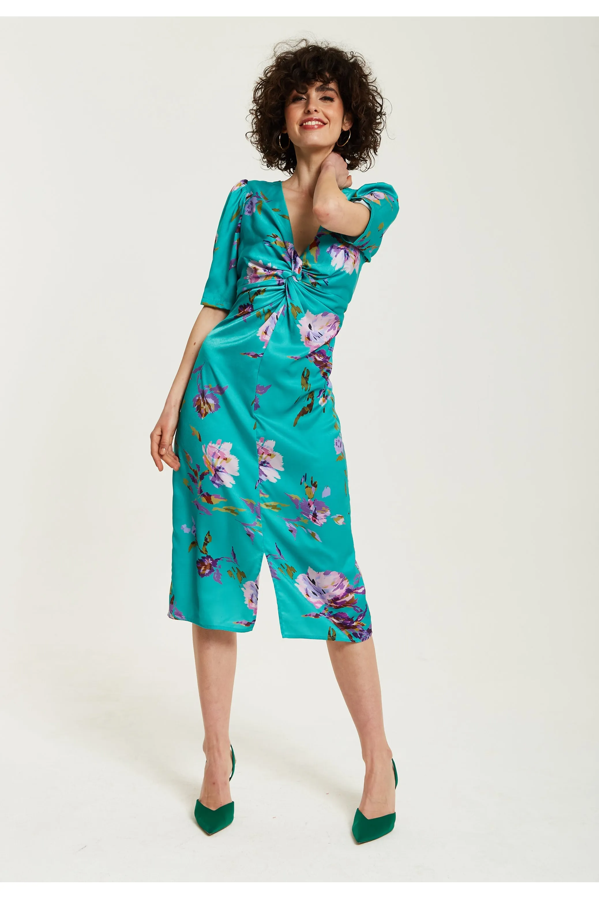 Green Floral Knot Front Midi Dress by Liquorish sold by Goddiva product image thumbnail 2