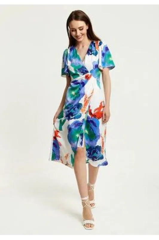 Liquorish Floral Print White Based Midi Wrap Dress sold by Goddiva