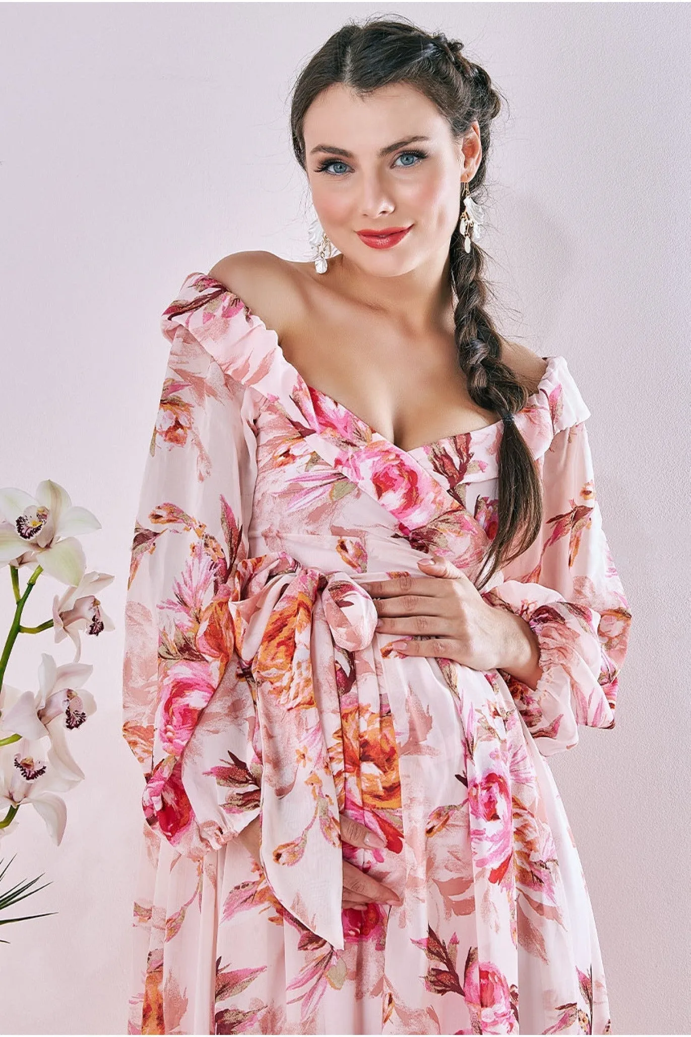 Maternity Drop Shoulder Wrap Maxi Peach by Goddiva sold by Goddiva product image thumbnail 3