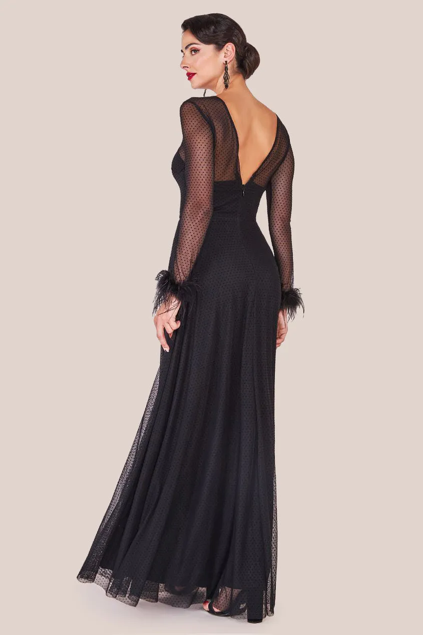 Dobby Mesh Feather Sleeve Hem Maxi Dress - Black by Goddiva sold by Goddiva product image thumbnail 3