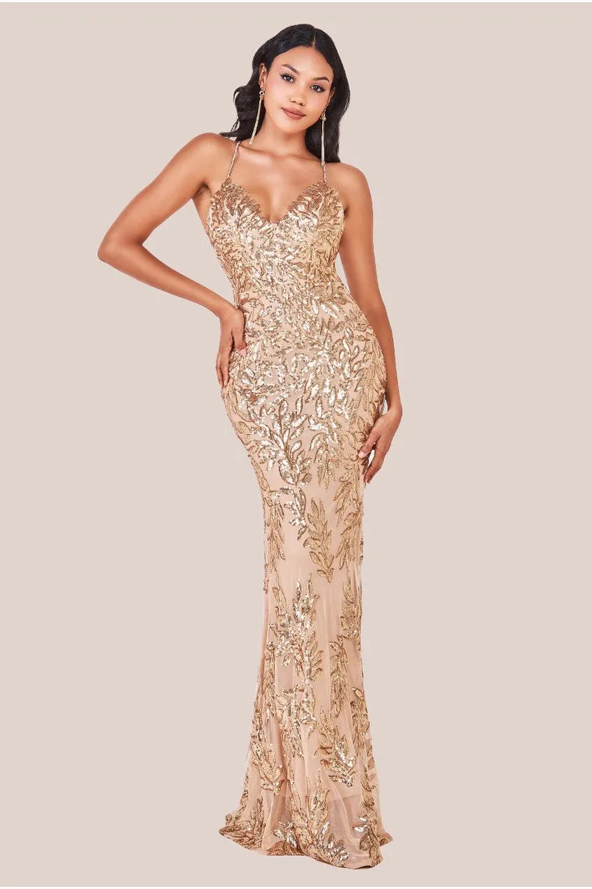 Cross Back Diamante Strap Sequin Maxi - Gold by Goddiva sold by Goddiva product image thumbnail 2