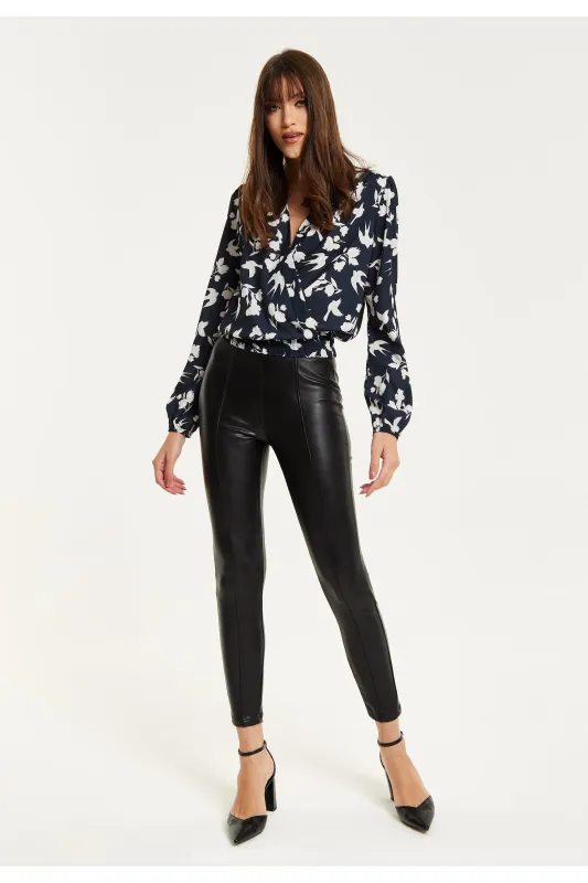 Floral And Bird Print Wrap Top In Black by Liquorish sold by Goddiva