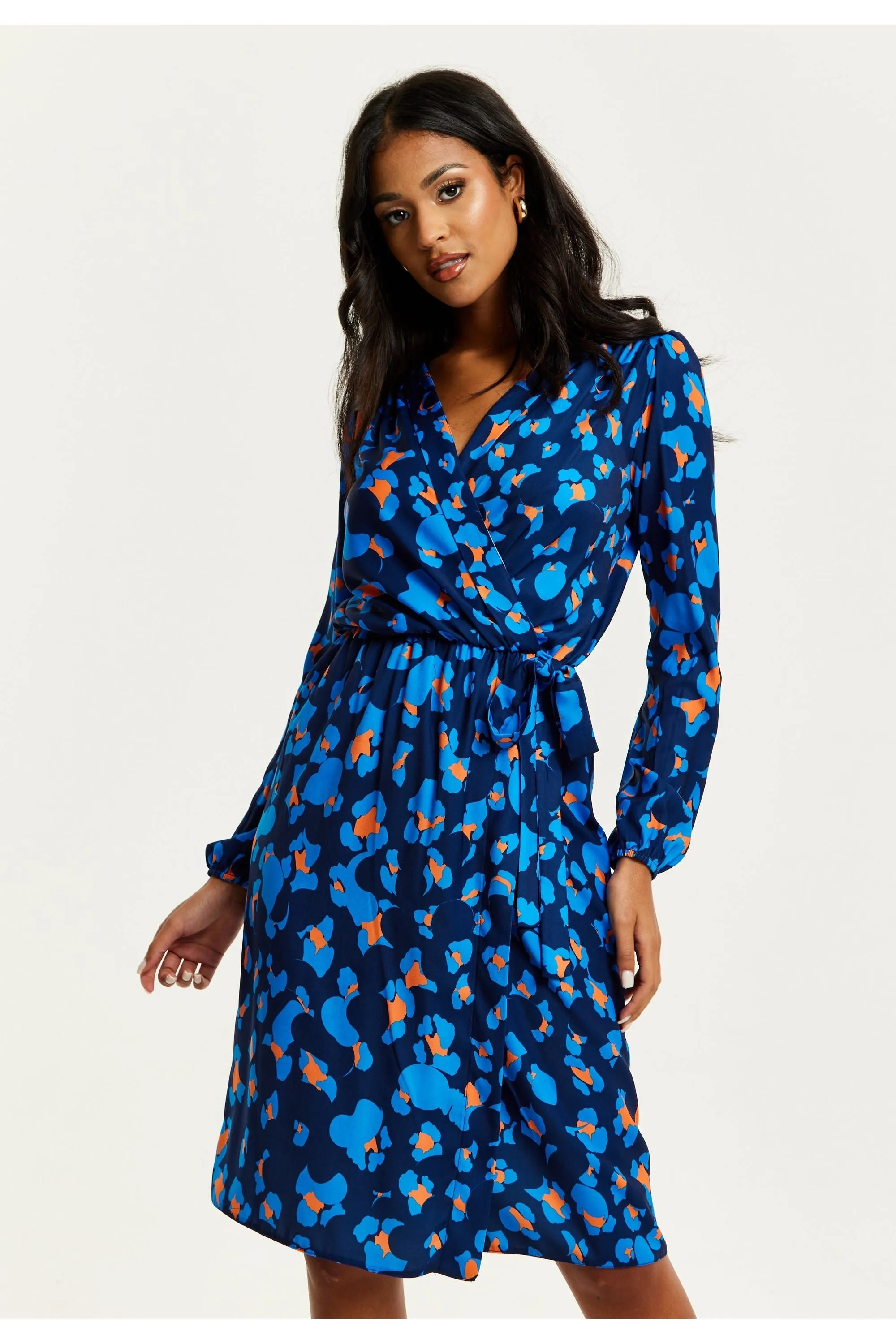 Blue Abstract Print Midi Fake Wrap Dress by Liquorish sold by Goddiva product image thumbnail 4