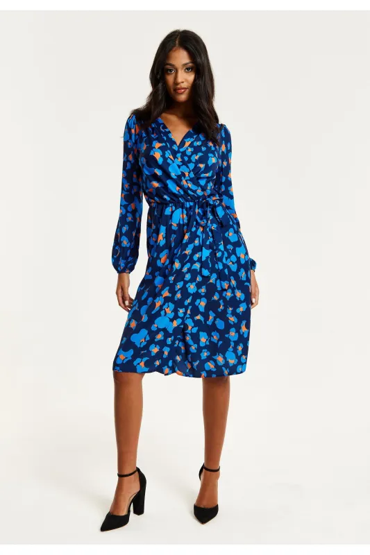 Blue Abstract Print Midi Fake Wrap Dress by Liquorish sold by Goddiva