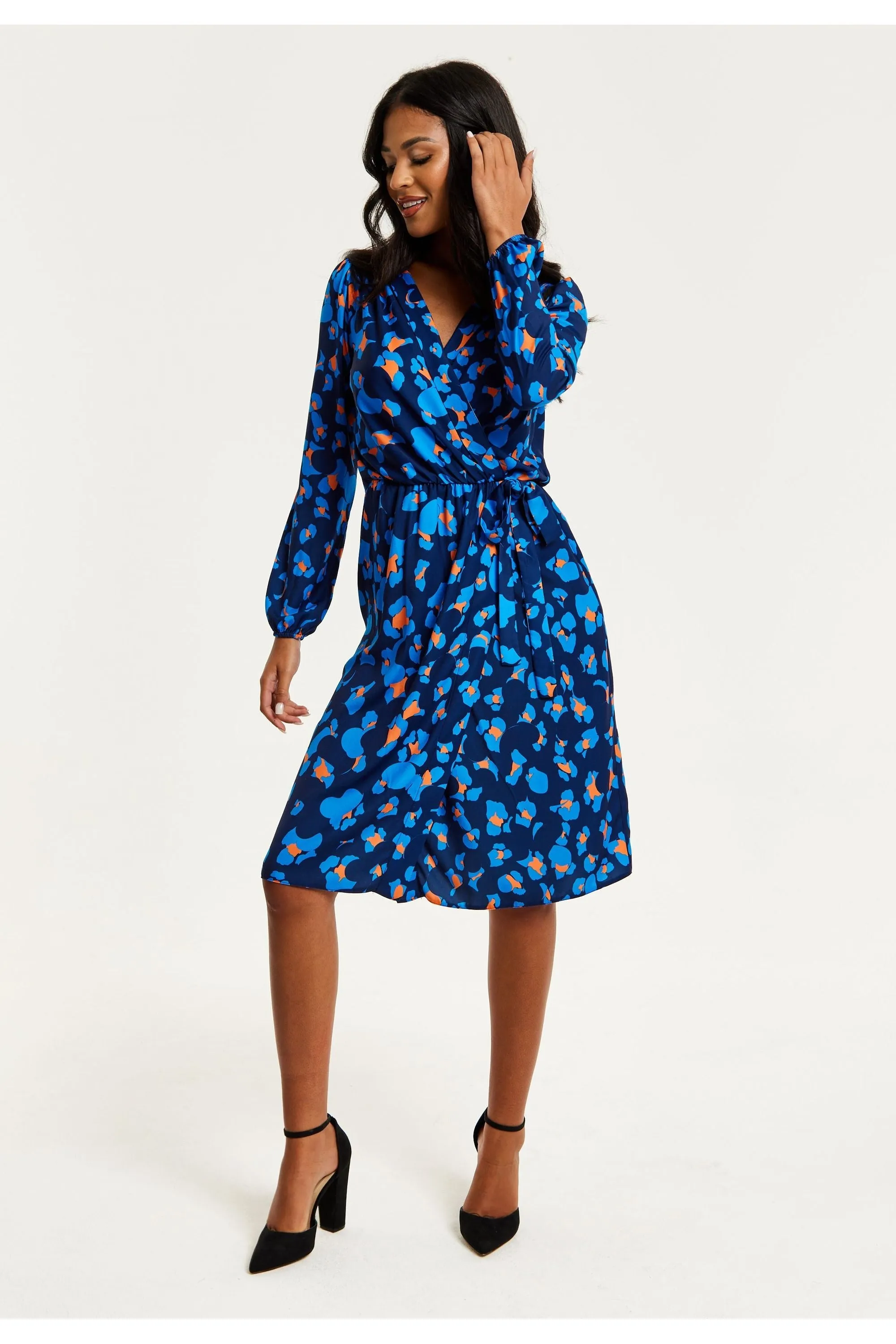 Blue Abstract Print Midi Fake Wrap Dress by Liquorish sold by Goddiva product image thumbnail 2