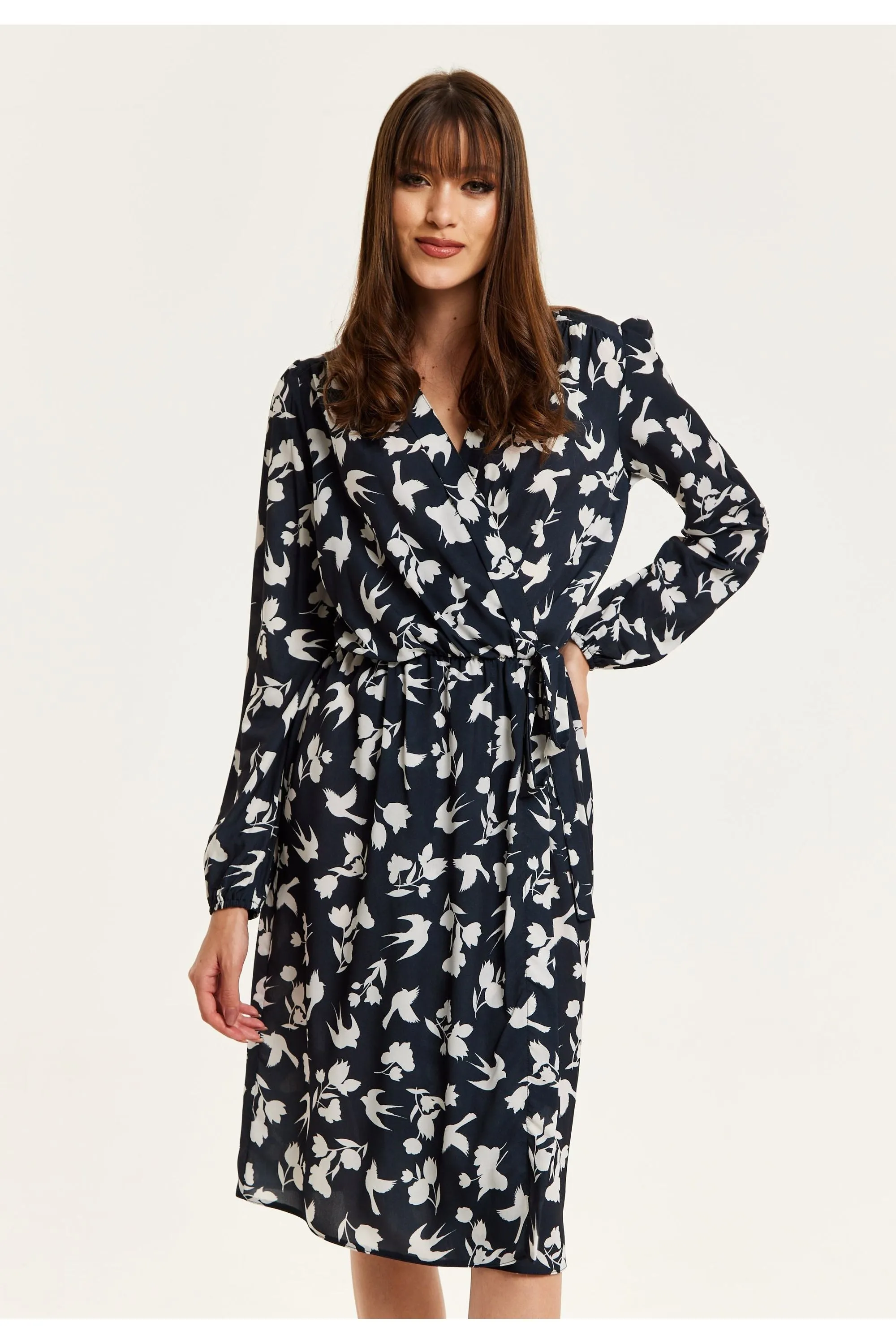 Liquorish Floral And Bird Print Midi Fake Wrap Dress In Black sold by Goddiva product image thumbnail 3