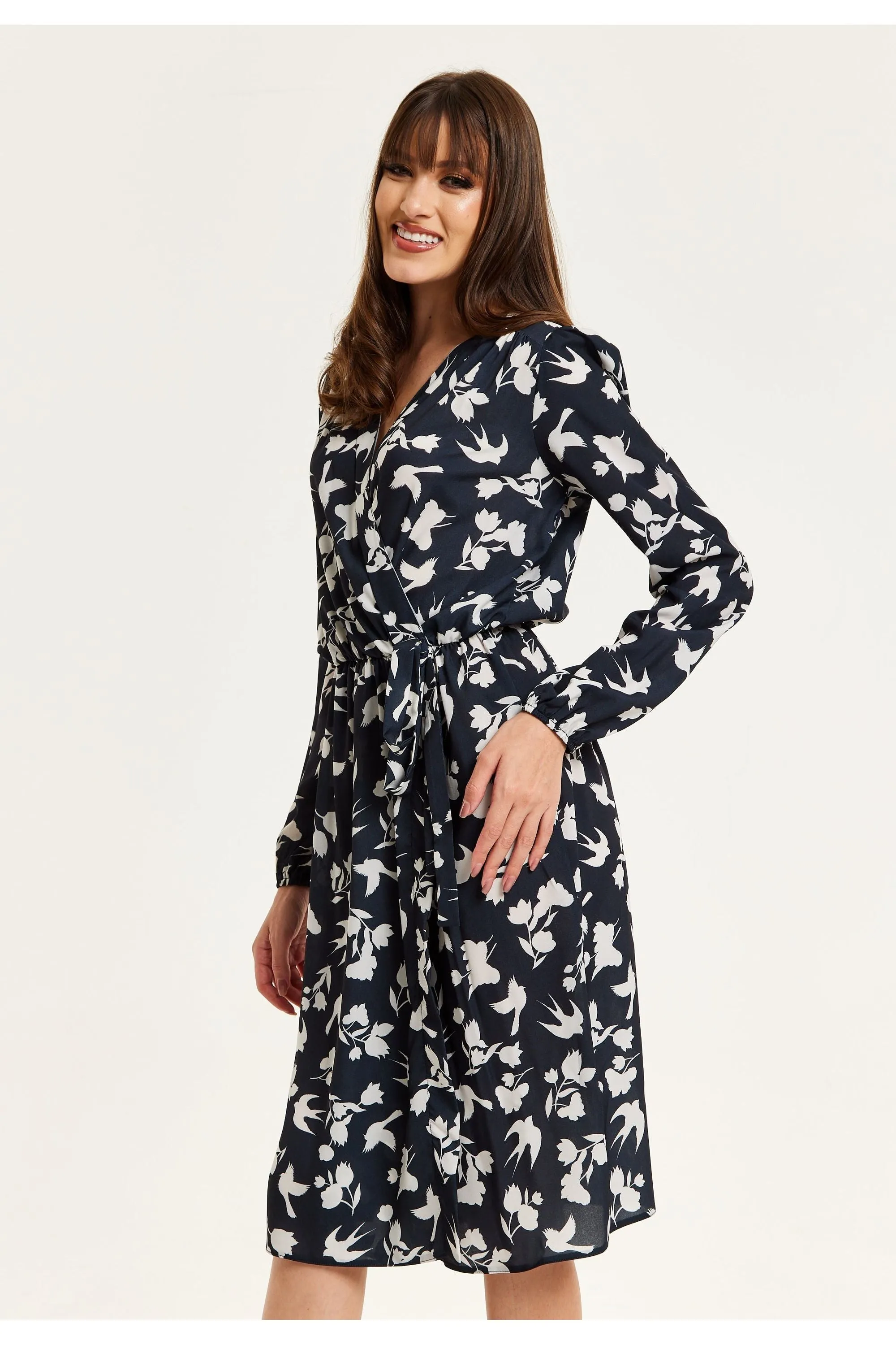 Liquorish Floral And Bird Print Midi Fake Wrap Dress In Black sold by Goddiva product image thumbnail 4
