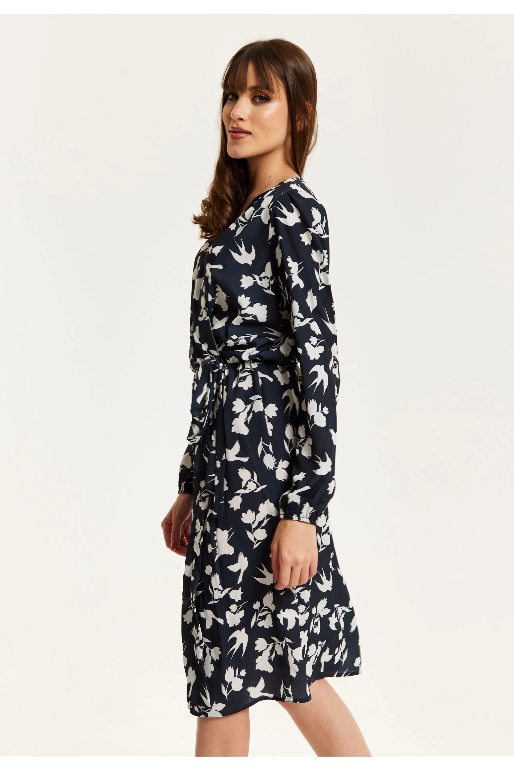 Liquorish Floral And Bird Print Midi Fake Wrap Dress In Black sold by Goddiva product image thumbnail 5