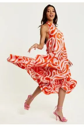 Liquorish Pink And Red Abstract Print Halter Neck Maxi Smock Dress sold by Goddiva