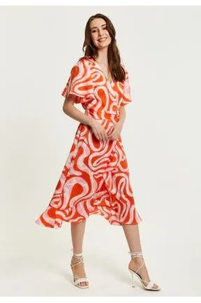 Pink And Red Abstract Print Midi Wrap Dress by Liquorish sold by Goddiva