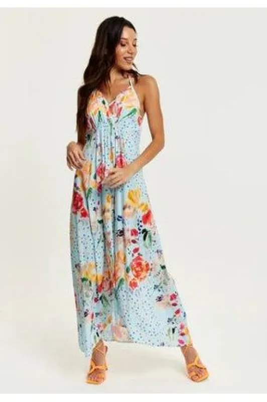 Liquorish Blue Floral Print Midi Asymmetrical Dress With Open Back sold by Goddiva