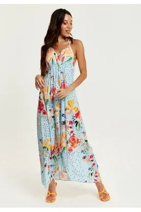 Liquorish Blue Floral Print Midi Asymmetrical Dress With Open Back sold by Goddiva