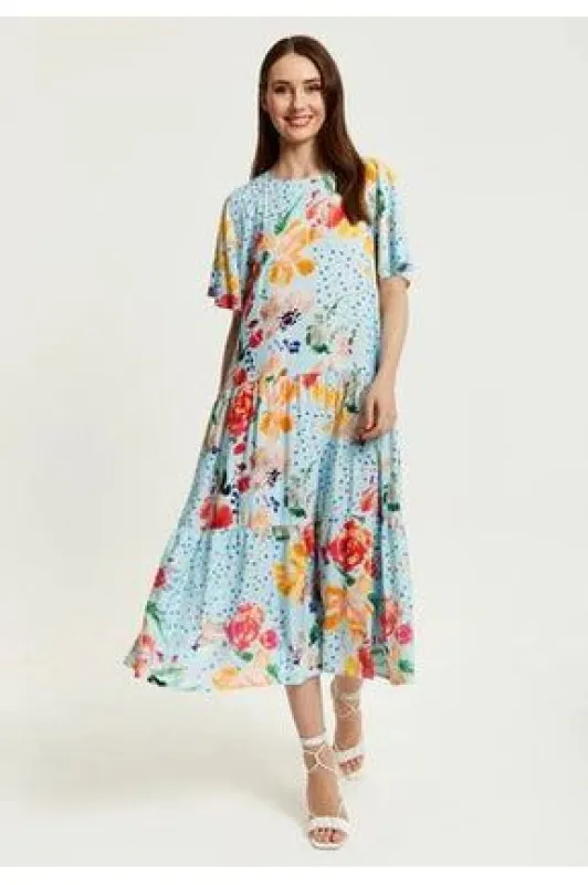 Liquorish Blue Floral Print Maxi Smock Dress sold by Goddiva