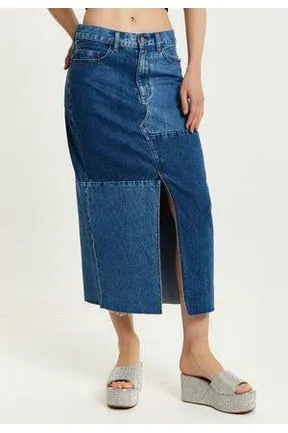 Liquorish Blue Denim Midi Skirt sold by Goddiva