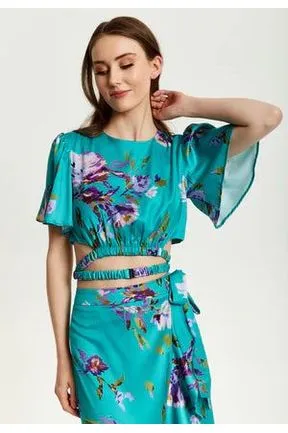 Liquorish Green Floral Print Crop Top With Tie Details sold by Goddiva