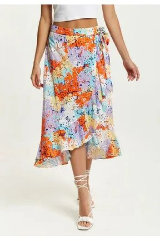 Liquorish Multicolour Floral Print Midi Wrap Skirt sold by Goddiva