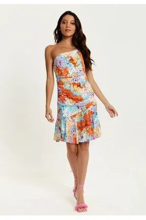Liquorish Multicolour Floral Print One Shoulder Mini Dress sold by Goddiva