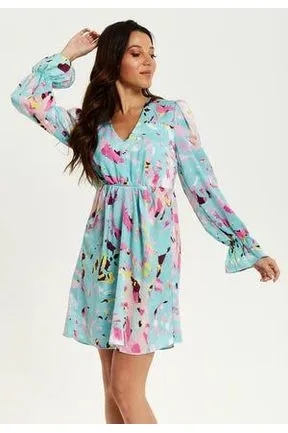 Blue Abstract Print Mini Dress With Open Back And Long Sleeves by Liquorish sold by Goddiva