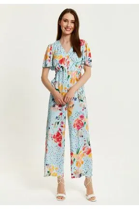 Liquorish Blue Floral Print Jumpsuit With Wide Legs sold by Goddiva