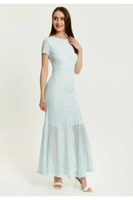 Liquorish Light Blue Lace Maxi Dress With Open Back Detail sold by Goddiva