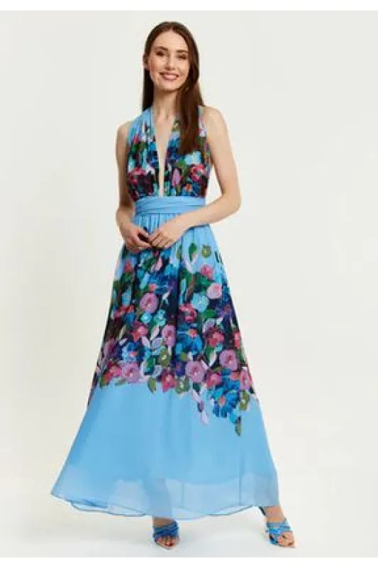 Liquorish Floral Print Deep V Neck Multiway Maxi Dress In Blue sold by Goddiva