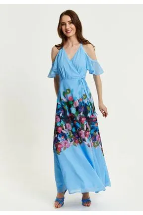 Liquorish Floral Print Maxi Wrap Dress With Frill Details In Blue sold by Goddiva product image thumbnail 3