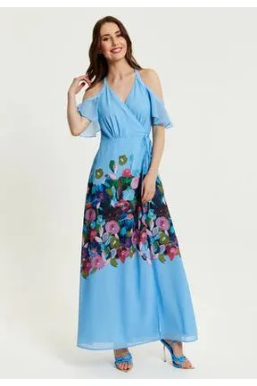 Liquorish Floral Print Maxi Wrap Dress With Frill Details In Blue sold by Goddiva product image thumbnail 4