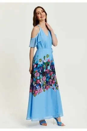 Liquorish Floral Print Maxi Wrap Dress With Frill Details In Blue sold by Goddiva