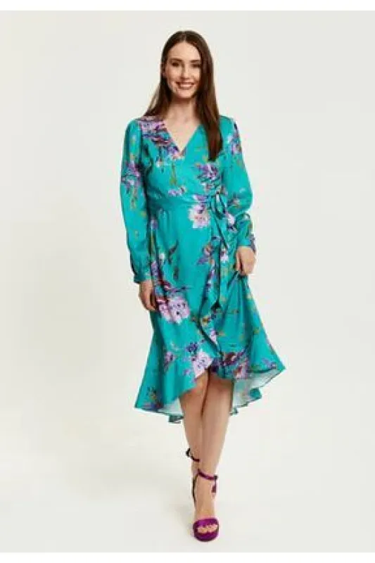 Liquorish Green Floral Print Midi Wrap Dress sold by Goddiva