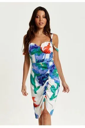 Liquorish Floral Print Ruched White Based Mini Dress sold by Goddiva product image thumbnail 4