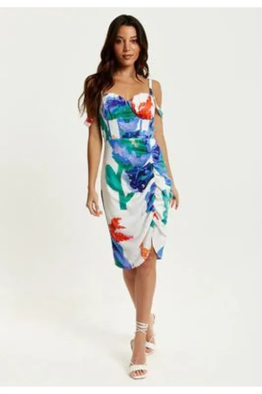 Liquorish Floral Print Ruched White Based Mini Dress made by Goddiva