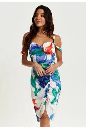 Liquorish Floral Print Ruched White Based Mini Dress sold by Goddiva product image thumbnail 5