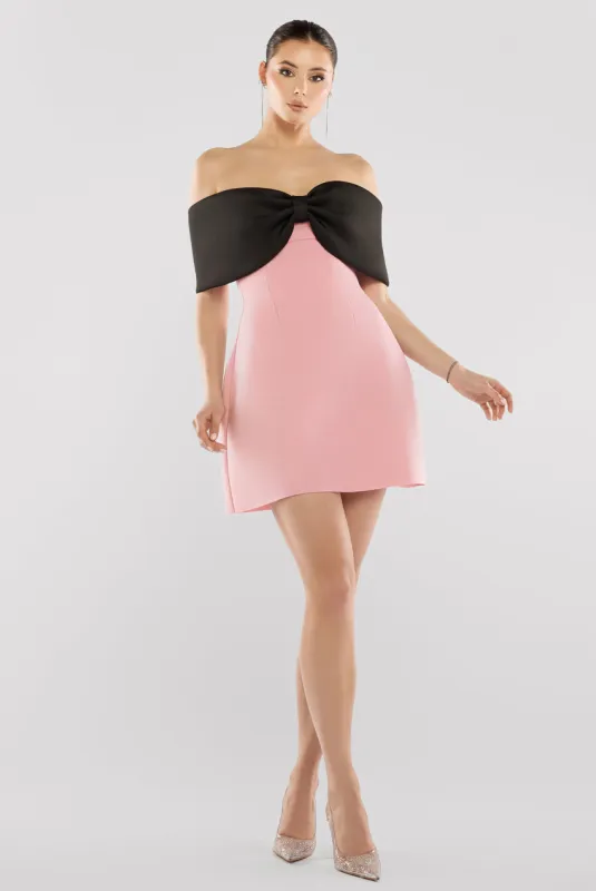 Front Bow Off The Shoulder Mini Dress - Blush Black by Goddiva sold by Goddiva