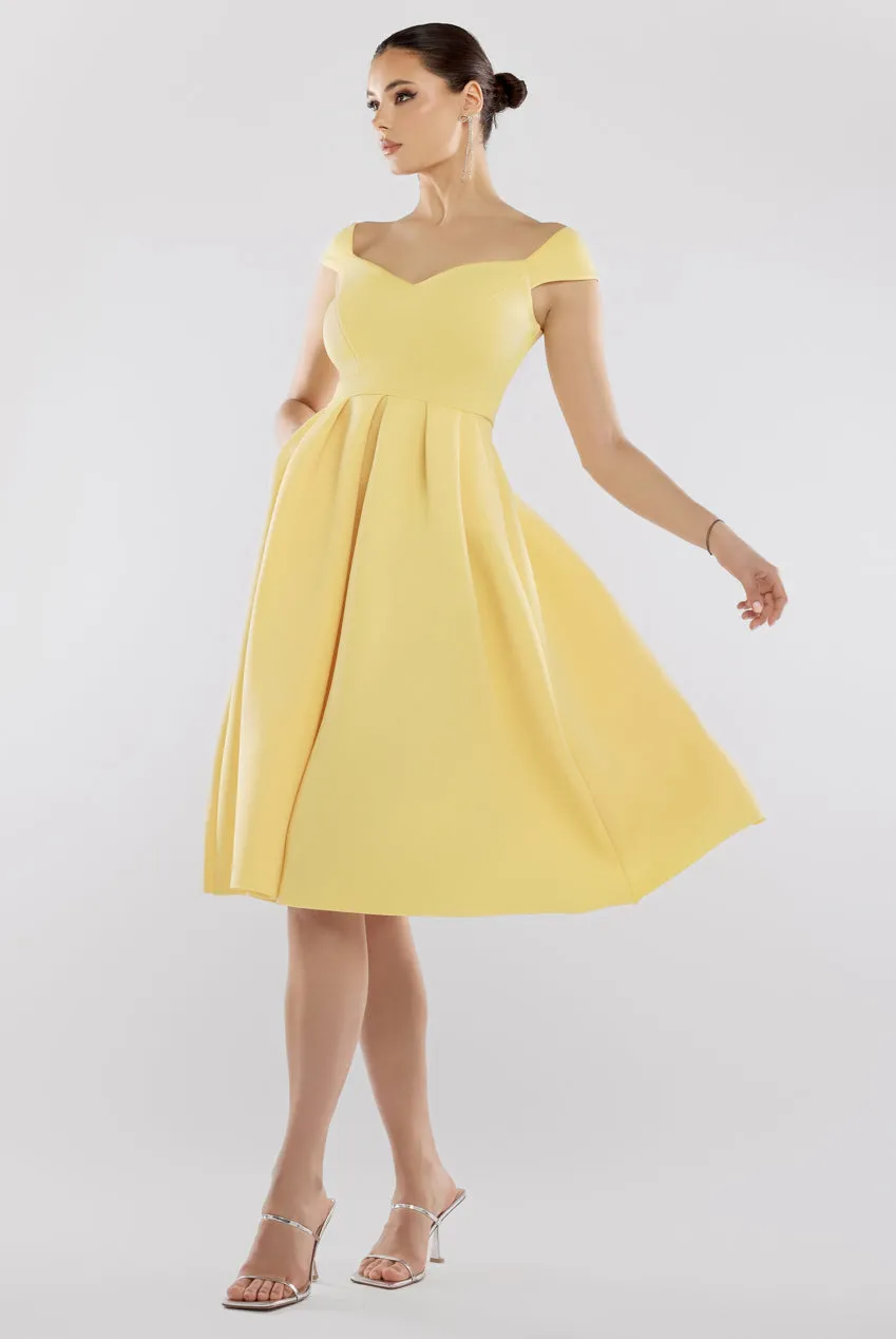 Scuba Foam Skater Midi Dress - Lemon by Goddiva sold by Goddiva