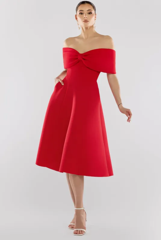 Bow Off The Shoulder A Line Midi Dress - Red by Goddiva sold by Goddiva
