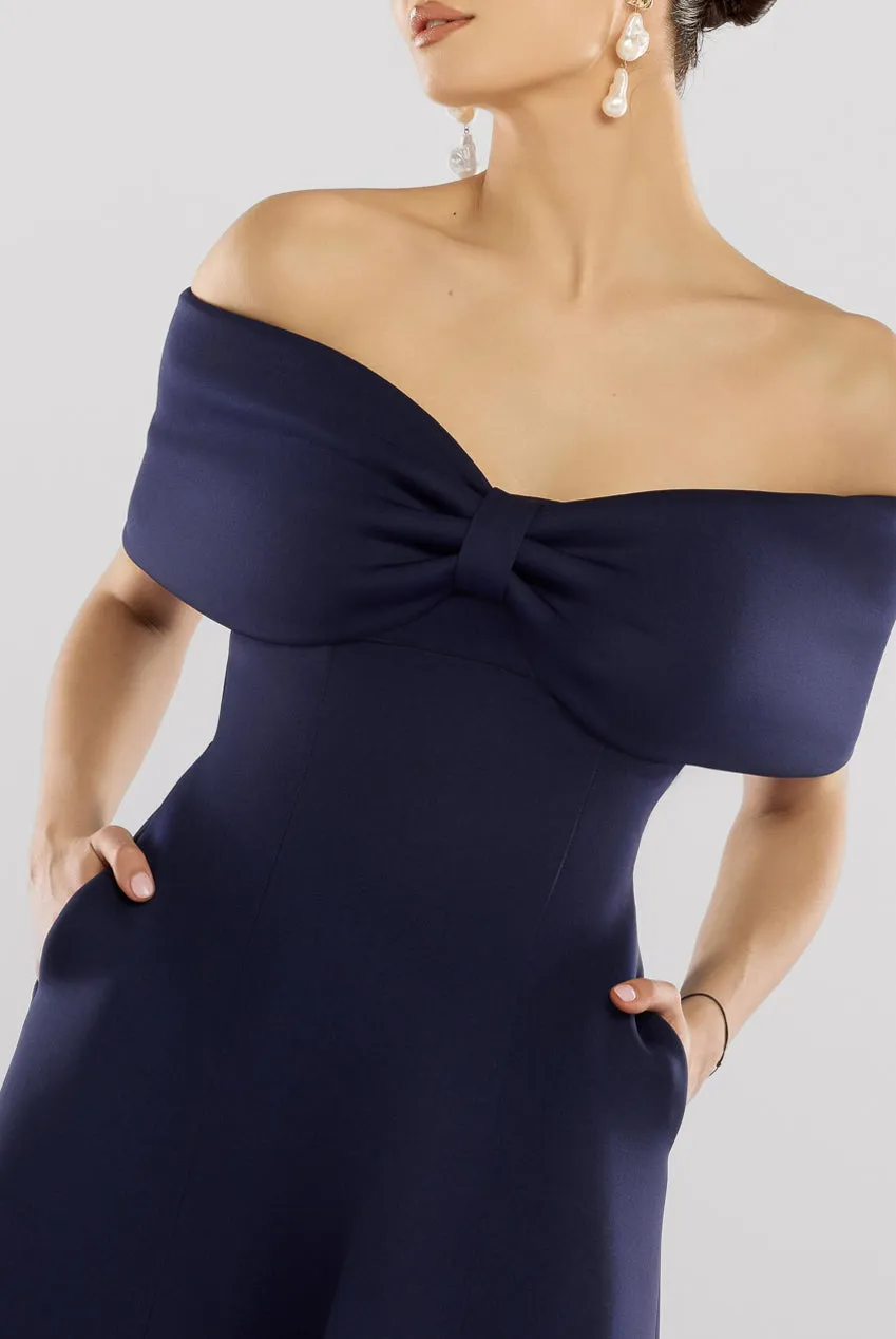 Bow Off The Shoulder A Line Midi Dress - Navy Blue by Goddiva sold by Goddiva product image thumbnail 3