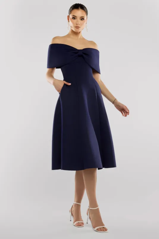 Bow Off The Shoulder A Line Midi Dress - Navy Blue by Goddiva made by Goddiva