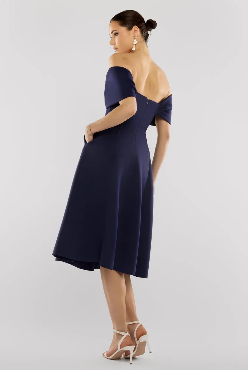 Bow Off The Shoulder A Line Midi Dress - Navy Blue by Goddiva sold by Goddiva product image thumbnail 2