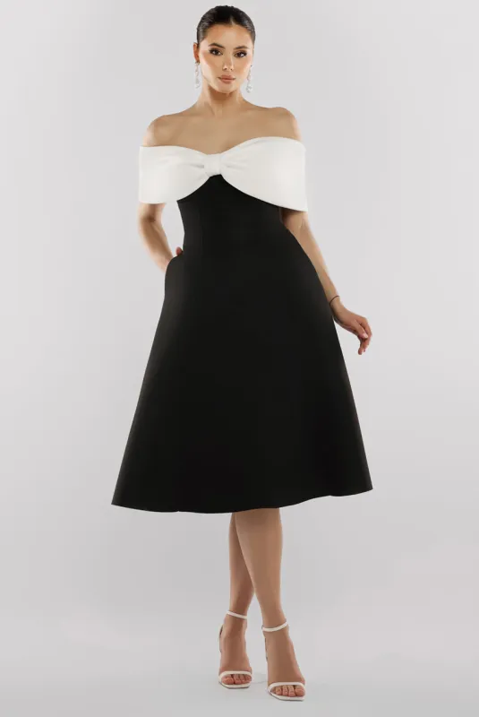 Bow Off The Shoulder A Line Midi Dress - Black Cream by Goddiva sold by Goddiva