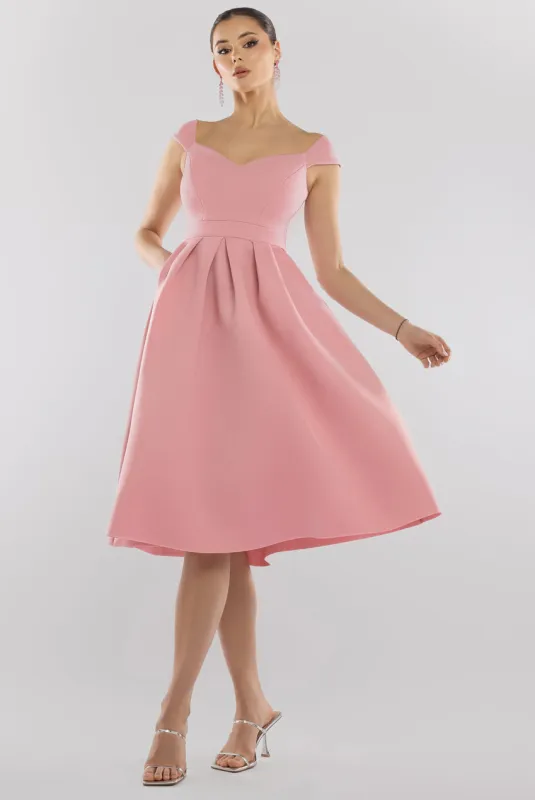 Scuba Foam Skater Midi Dress - Blush Pink by Goddiva sold by Goddiva
