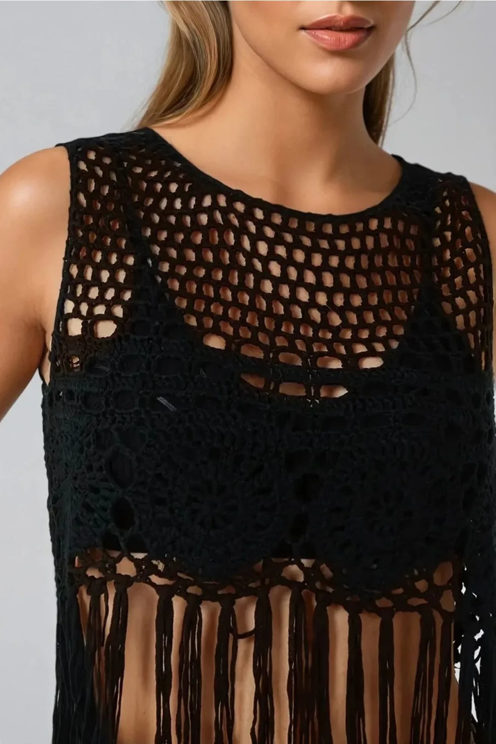 Black Tassel Hem Crochet Top by Aftershock London sold by Goddiva product image thumbnail 2