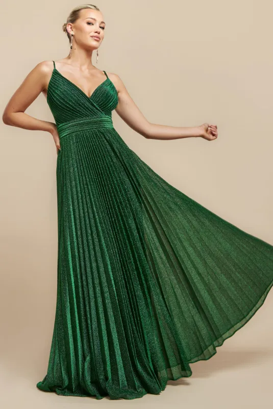 Sleeveless Pleated A Line Lurex Maxi Dress - Emerald Green by Goddiva sold by Goddiva