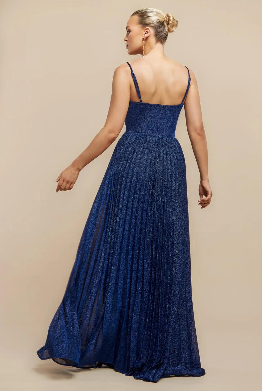 Sleeveless Pleated A Line Lurex Maxi Dress - Navy Blue by Goddiva sold by Goddiva product image thumbnail 2