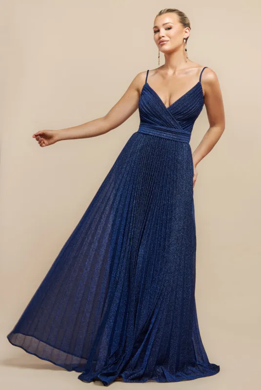 Sleeveless Pleated A Line Lurex Maxi Dress - Navy Blue by Goddiva sold by Goddiva