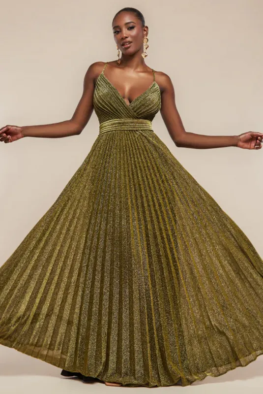 Sleeveless Pleated A Line Lurex Maxi Dress - Gold by Goddiva sold by Goddiva