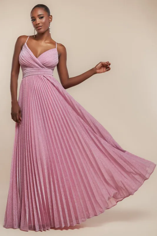 Sleeveless Pleated A Line Lurex Maxi Dress - Pink by Goddiva sold by Goddiva