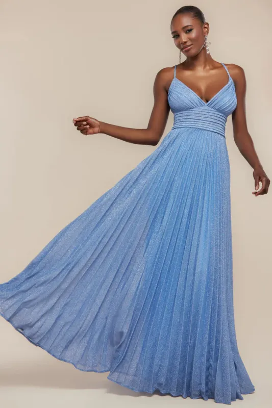 Sleeveless Pleated A Line Lurex Maxi Dress - Blue by Goddiva sold by Goddiva