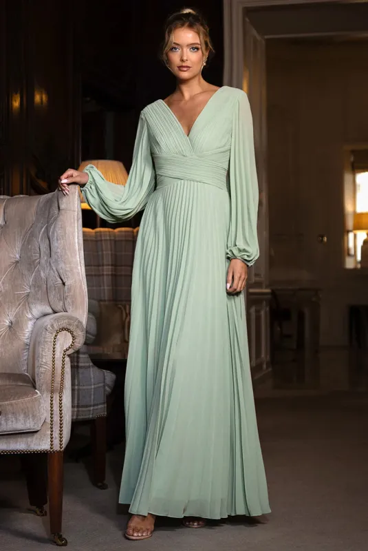 Balloon Sleeve Chiffon Maxi Dress  - Sage Green by Goddiva sold by Goddiva